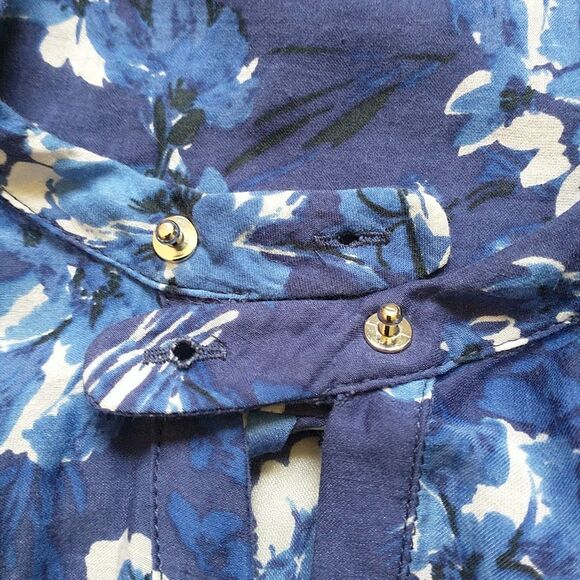 Zara Top Blouse Tunic Woman L/M*Blue Floral Silk Blend Long Sleeve Keyhole - Picture 5 of 11
